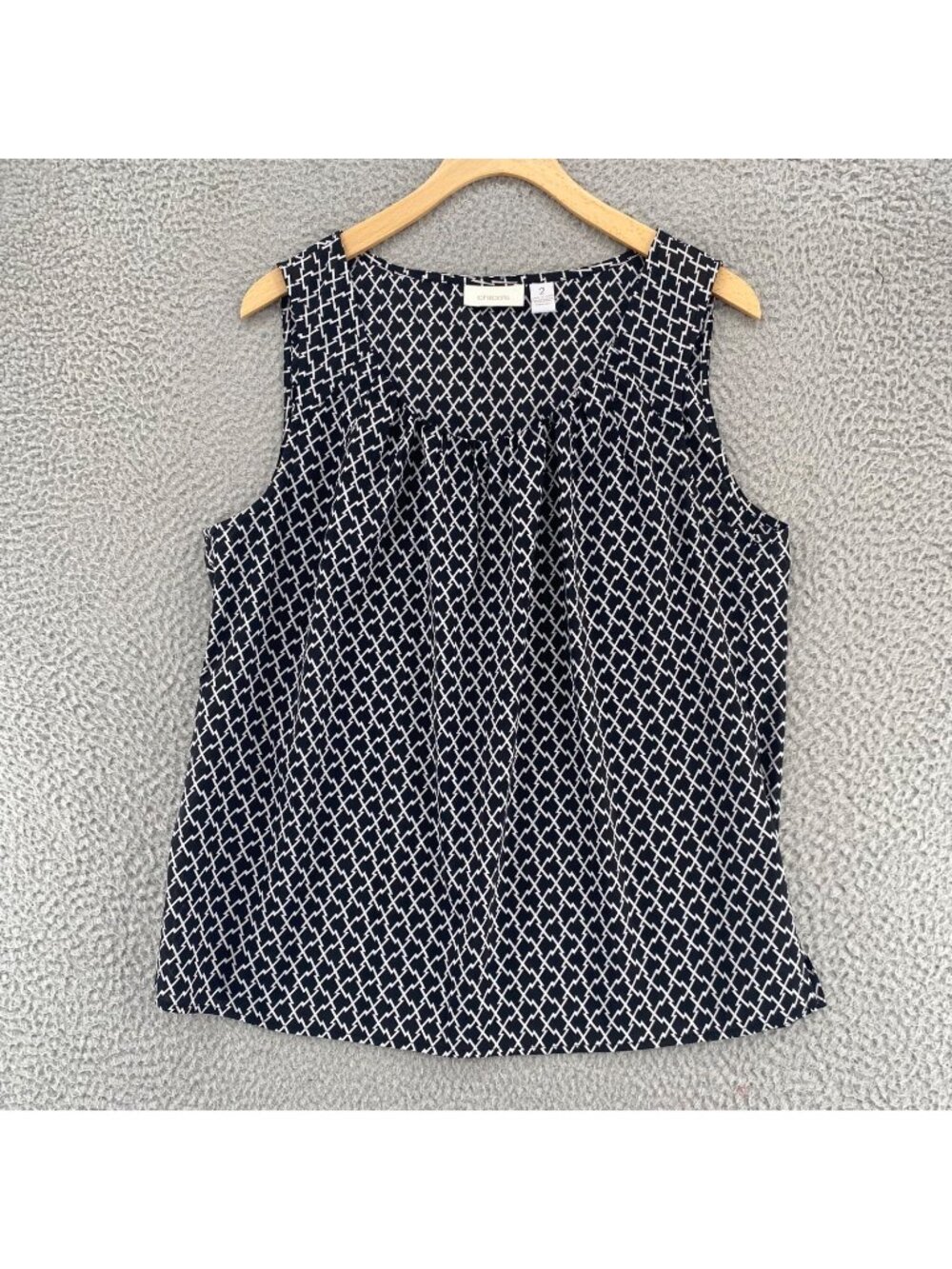 Chicos Top Womens 2 US Large Black White Diamond Abstract Ruched Scoop Neck Tank